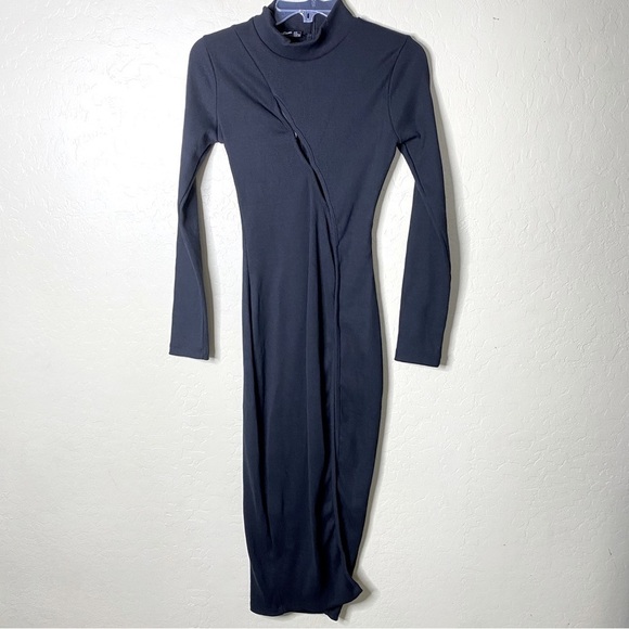 Pretty Little Thing Black Ribbed Knit Slit Midi Dress Size 2 - Picture 6 of 12